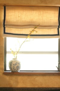Roman shade made from burlap and drop cloth lining
